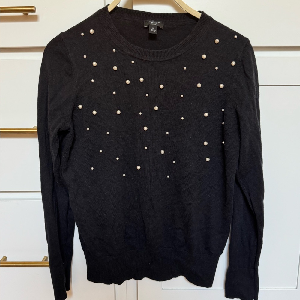 Black Sweater Shirt with Pearl Embellishments - Picture 2 of 10